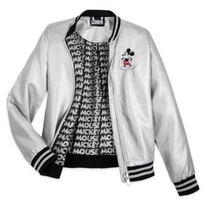 Mickey Mouse Silver Metallic Bomber Jacket with Embroidered Mickey